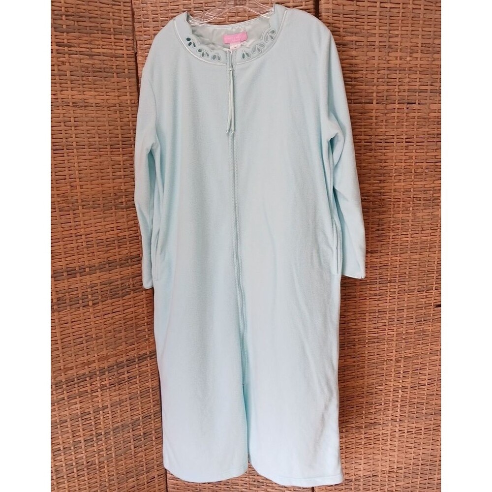 Rebecca Malone Intimates Robe Large Long Full Zip Fleece Pockets Embroidery